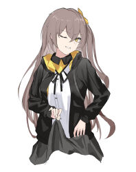 Rule 34 | 1girl, absurdres, black jacket, bow, breasts, brown eyes, clothes lift, commentary, girls&#039; frontline, grey skirt, hair bow, highres, jacket, light brown hair, long hair, long sleeves, looking at viewer, neck ribbon, one eye closed, one smoke, open clothes, open jacket, open mouth, ribbon, scar, scar across eye, shirt, side ponytail, skirt, skirt lift, small breasts, smile, solo, ump45 (girls&#039; frontline), upper body, white background, white shirt