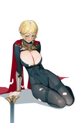 Rule 34 | 1girl, absurdres, blonde hair, blue bodysuit, blue eyes, blush, bodysuit, bracer, breasts, cape, covered navel, highres, huge breasts, looking at viewer, midfinger, original, red cape, short hair, simple background, sitting, sketch, solo, sword, thigh strap, thighs, torn bodysuit, torn clothes, veins, weapon, white background, yokozuwari