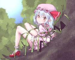Rule 34 | 1girl, absurdres, arms behind back, bdsm, blue hair, bondage, bound, bound arms, frilled sleeves, frills, from behind, hat, hat ribbon, highres, kumo no ito, leaf, looking at viewer, mary janes, mob cap, plant, pointy ears, puffy short sleeves, puffy sleeves, red eyes, red footwear, red ribbon, remilia scarlet, restrained, ribbon, shibari, shoes, short hair, short sleeves, socks, torn clothes, touhou, tree, vines, white socks, wrist cuffs
