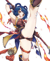 Rule 34 | 1girl, absurdres, ass, bandaid, bandaid on knee, bandaid on leg, black shorts, blue hair, braid, breasts, cameltoe, china dress, chinese clothes, covered erect nipples, dress, eyebrows, fingerless gloves, fire, genshin impact, gloves, hair ornament, hairclip, highres, holding, holding weapon, huge filesize, leg up, niko (tama), open mouth, partially visible vulva, pole, short shorts, shorts, simple background, small breasts, smile, upshorts, weapon, white background, xiangling (genshin impact), yellow eyes