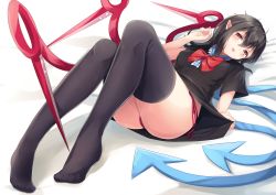 Rule 34 | 1girl, :p, ass, asymmetrical wings, bed sheet, black dress, black hair, black thighhighs, blue wings, blush, bow, bowtie, breasts, center frills, commentary request, dress, frills, full body, hair between eyes, hand up, head tilt, houjuu nue, igayan, knees up, long hair, looking at viewer, lying, medium breasts, no shoes, on back, panties, pointy ears, red bow, red bowtie, red eyes, red panties, red wings, shadow, short dress, short sleeves, side-tie panties, skirt hold, solo, thighhighs, thighs, tongue, tongue out, touhou, underwear, wings