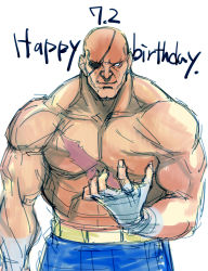 Rule 34 | 1boy, abs, bald, dated, happy birthday, highres, male focus, muscular, no pupils, sagat, scar, simple background, smile, solo, street fighter, tetsu (kimuchi), topless male