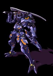 Rule 34 | absurdres, black background, glowing, glowing eye, heyzan, highres, holding, holding sword, holding weapon, mecha, muv-luv, muv-luv alternative, muv-luv alternative (anime), no humans, open hand, orange eyes, robot, science fiction, solo, standing, sword, tactical surface fighter, type 00 takemikazuchi, weapon