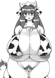 Rule 34 | 1girl, animal ears, animal print, areola slip, bell, bikini, breasts, cameltoe, cleft of venus, covered erect nipples, cow ears, cow girl, cow print, cow tail, female focus, female pubic hair, gigantic breasts, highleg, horns, large areolae, long hair, monochrome, navel, open mouth, plump, pubic hair, pussy, pussy peek, simple background, smile, solo, standing, swimsuit, tail, tatara, thick thighs, thighs, thong, white background, wide hips