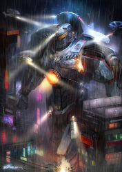 Rule 34 | aircraft, building, cannon, ch-53, chest cannon, china, city, damaged, directed-energy weapon, energy cannon, energy weapon, epic, gipsy danger, glowing, helicopter, highres, hong kong, jaeger (pacific rim), junling, legendary pictures, light, lights, mecha, military, military vehicle, neon lights, night, no humans, nuclear vortex turbine, pacific rim, pan pacific defense corps, rain, real world location, realistic, robot, science fiction, searchlight, signature, sparks, spotlight, storm, super robot