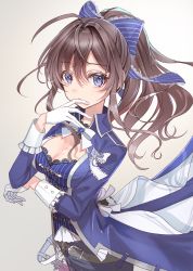 Rule 34 | 1girl, absurdres, belt, belt buckle, black pants, blue bow, blue coat, blue eyes, bow, breasts, brown hair, buckle, chain, cleavage, coat, gloves, gradient background, hair between eyes, hair bow, half gloves, high ponytail, highres, ichinose shiki, idolmaster, idolmaster cinderella girls, lace trim, long hair, long sleeves, looking at viewer, pants, ponytail, rum raisin (chihiromakita19), small breasts, solo, striped, striped bow, tailcoat, upper body, white gloves