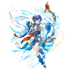 Rule 34 | 1girl, aiming, arrow (projectile), attack, bare shoulders, blue eyes, blue hair, bow (weapon), catria (fire emblem), catria (winds offered) (fire emblem), fire emblem, fire emblem: mystery of the emblem, fire emblem heroes, headband, holding, holding arrow, japanese clothes, nintendo, official alternate costume, official art, open mouth, pelvic curtain, rope, sandals, shimenawa, short hair, sleeves past wrists, solo, v-shaped eyebrows, weapon, white background