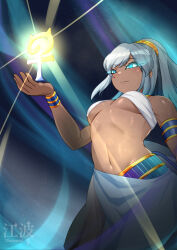 1girl absurdres ancient_egyptian_clothes ankh arm_at_side armlet bare_shoulders blue_eyes bracelet breasts closed_mouth cowboy_shot dark-skinned_female dark_skin dorudon_(kemono_friends) floating floating_object from_below glowing glowing_eyes grey_hair hand_up highres japari_symbol jewelry kawanami_eito kemono_friends kemono_friends_3 long_hair looking_at_object navel shiny_skin sky solo star_(sky) starry_sky stomach three_quarter_view underboob