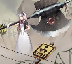 Rule 34 | 1girl, apron, axe, axe over shoulder, battle axe, eyeball, gloves, hand on own hip, hip focus, huge weapon, long hair, maid, maid apron, maid headdress, open mouth, original, pink hair, red eyes, sign, solo, tog (shoten), weapon