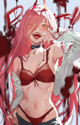 Rule 34 | + +, 1girl, blood, bra, breasts, chainsaw man, choker, cleavage, clothes pull, collared shirt, cross-shaped pupils, demon horns, fangs, finger in own mouth, fingernails, hair between eyes, hemokinesis, highres, horns, lingerie, long fingernails, long hair, long sleeves, looking at viewer, medium breasts, navel, open clothes, open fly, open mouth, open shirt, orange eyes, panties, pants, pants pull, power (chainsaw man), red bra, red horns, red panties, salmon88, sharp teeth, shirt, solo, spiked choker, spikes, symbol-shaped pupils, teeth, underwear, white shirt