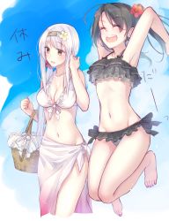 Rule 34 | 2girls, alternate costume, alternate hairstyle, armpits, arms up, basket, bikini, black hair, blue sky, blush, breasts, brown eyes, cleavage, collarbone, cropped legs, day, closed eyes, flower, frilled bikini, frills, front-tie bikini top, front-tie top, green bikini, green hair, hair flower, hair ornament, hairband, hand in own hair, highres, holding, holding basket, jumping, kantai collection, large breasts, long hair, medium breasts, midriff, multiple girls, nail polish, navel, open mouth, outdoors, ri (aya pine), round teeth, sarong, shoukaku (kancolle), side ponytail, sidelocks, sky, smile, stomach, swimsuit, teeth, toenail polish, toenails, translation request, twintails, white bikini, white hair, zuikaku (kancolle)