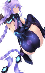 Rule 34 | 1girl, ass, bare back, black gloves, braid, breasts, cait aron, choujigen game neptune, commentary request, eyes visible through hair, gloves, hair ornament, highres, hip focus, kneeling, large breasts, legs, long hair, looking at viewer, looking back, navel, neptune (series), power symbol, power symbol-shaped pupils, purple hair, purple heart (neptunia), simple background, solo, symbol-shaped pupils, thighs, twin braids, very long hair, white background, wide hips