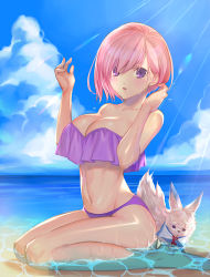 Rule 34 | 1girl, absurdres, alternate costume, animal, animal ears, ass, bare shoulders, beach, bikini, blush, breasts, cleavage, collarbone, fate/grand order, fate (series), fou (fate), frilled bikini, frills, groin, hair between eyes, hair over one eye, highres, large breasts, looking at viewer, mash kyrielight, navel, ocean, purple bikini, purple eyes, purple hair, ri-ko, short hair, sitting, sky, solo, stomach, strapless, strapless bikini, swimsuit, thighs, water, wet