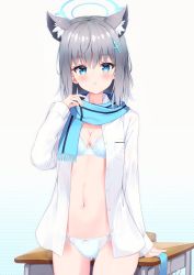 Rule 34 | 1girl, animal ear fluff, animal ears, blue archive, blue eyes, bra, breasts, cleavage, cowboy shot, desk, extra ears, gluteal fold, grey hair, hair ornament, hairclip, halo, hand up, highres, long hair, long sleeves, looking at viewer, medium breasts, mismatched pupils, miso (misomiso 154), navel, no pants, open clothes, open shirt, panties, parted lips, scarf, school desk, shiroko (blue archive), shirt, solo, stomach, underwear, white bra, white panties, white shirt