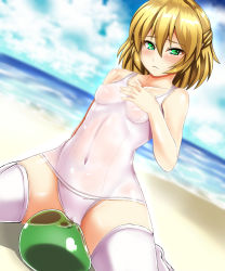 Rule 34 | 1girl, beach, blonde hair, blush, breasts, cameltoe, covered erect nipples, covered navel, day, ebi 193, green eyes, looking at viewer, md5 mismatch, mizuhashi parsee, one-piece swimsuit, pointy ears, school swimsuit, shiny clothes, shiny skin, short hair, skindentation, small breasts, solo, swimsuit, thighhighs, touhou, white one-piece swimsuit, white thighhighs