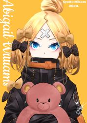 Rule 34 | 1girl, abigail williams (fate), abigail williams (traveling outfit) (fate), artist request, bandaid, bandaid on face, bandaid on forehead, belt, black bow, black jacket, blonde hair, blue eyes, blush, bow, breasts, character name, crossed bandaids, fate/grand order, fate (series), forehead, hair bow, hair bun, heroic spirit traveling outfit, high collar, highres, holding, holding stuffed toy, jacket, long hair, long sleeves, looking at viewer, multiple bows, hugging object, official alternate costume, orange belt, orange bow, parted bangs, polka dot, polka dot bow, simple background, single hair bun, sleeves past fingers, sleeves past wrists, small breasts, solo, stuffed animal, stuffed toy, teddy bear, yellow background