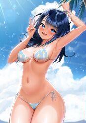 1girl absurdres ahoge bikini blue_bikini blue_eyes blue_hair blue_sky breasts cameltoe cloud commentary_request cowboy_shot day highres itacho_(itasha_draws) large_breasts long_hair make_heroine_ga_oo_sugiru! navel outdoors side-tie_bikini_bottom sky smile solo spanish_commentary swimsuit thong_bikini v yanami_anna