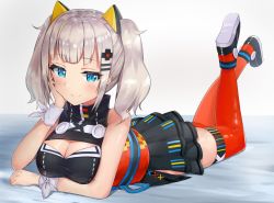 Rule 34 | 1girl, arm support, bare shoulders, black dress, black footwear, blue eyes, blush, breasts, cleavage, cleavage cutout, closed mouth, clothing cutout, dress, hair ornament, hairclip, kaguya luna, large breasts, long hair, lying, obi, on stomach, racchi., red thighhighs, sash, shoes, short dress, sidelocks, silver hair, sleeveless, sleeveless dress, smile, solo, the moon studio, thighhighs, twintails, virtual youtuber