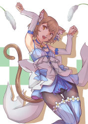 Rule 34 | 10s, 1boy, :3, :d, animal ears, armpits, arms up, bare shoulders, black pantyhose, blue bow, blue dress, blue neckwear, blue ribbon, blue thighhighs, blush stickers, bob cut, bolo tie, bow, brown hair, cat boy, cat ears, cat tail, cat teaser, checkered background, choker, clenched hands, collarbone, colored eyelashes, commentary, cross-laced clothes, detached sleeves, dress, dress bow, eyelashes, fang, feet up, felix argyle, fingernails, frilled dress, frills, front-tie top, hair between eyes, hair bow, hair ribbon, happy, highres, jewelry, jumping, large bow, layered dress, looking at viewer, male focus, open mouth, orange eyes, pantyhose, parted bangs, paw pose, pendant, re:zero kara hajimeru isekai seikatsu, ribbon, shade, short dress, short eyebrows, short hair, simple background, smile, solo, spaghetti strap, striped clothes, striped dress, striped pantyhose, striped ribbon, striped thighhighs, tail, thick eyebrows, thigh gap, thighhighs, thighhighs over pantyhose, trap, vertical-striped clothes, vertical-striped dress, vertical-striped thighhighs, white background, white bow, white dress, yougenko