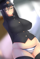 Rule 34 | 10s, 1girl, akitsu maru (kancolle), bikini, black hair, black thighhighs, bottomless, breasts, curvy, gradient background, groin, hat, highres, huge breasts, kantai collection, long hair, navel, no pants, panties, parted lips, solo, souma (ordures), striped bikini, striped clothes, swimsuit, thighhighs, underwear, wide hips, yellow eyes