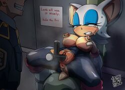 Rule 34 | aftersex, aku tojyo, anus, breasts, breasts out, furry, highres, large breasts, object insertion, piercing, pussy, restrained, rouge the bat, sonic (series), sweatdrop, tonfa, uncensored, weapon
