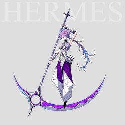 Rule 34 | 1boy, armlet, bare shoulders, blue hair, character name, earrings, full body, greek mythology, grey background, hermes (mythology), highres, holding, holding weapon, jewelry, looking at viewer, male focus, multicolored hair, original, palow, pants, pink eyes, ponytail, purple hair, scythe, smile, solo, weapon