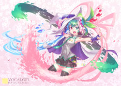 Rule 34 | 1girl, blue hair, cape, character name, copyright name, cowboy shot, detached sleeves, fang, fusion, green eyes, green hair, hat, hatsune miku, headset, heterochromia, highres, long hair, looking at viewer, matching hair/eyes, multicolored hair, necktie, noname (metaldragonfly), open mouth, outstretched arms, pink eyes, pink hair, sakura miku, skirt, solo, spread arms, tattoo, thighhighs, twintails, v, very long hair, vocaloid, witch hat, yuki miku