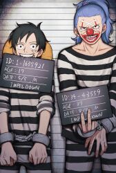 Rule 34 | 2boys, black eyes, black hair, blue hair, buggy the clown, chikiso, clenched hand, clown nose, collarbone, cuffs, facial mark, hat, hat on back, holding, holding sign, male focus, monkey d. luffy, mouth hold, mugshot, multiple boys, one piece, ponytail, prison clothes, scar, scar on face, shackles, sign, sleeves rolled up, sparse stubble, straw hat, teeth
