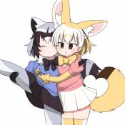 Rule 34 | 2girls, animal ear fluff, animal ears, animated, arm around back, black hair, blinking, blonde hair, bodystocking, bow, bowtie, grabbing another&#039;s breast, brown eyes, chibi, closed eyes, commentary request, common raccoon (kemono friends), ear wiggle, elbow gloves, extra ears, fennec (kemono friends), fox ears, fox tail, fur collar, gloves, grabbing, grey hair, hair between eyes, heart, heart tail duo, helping, hug, kemono friends, leg lift, leg up, looking at another, medium hair, multicolored hair, multiple girls, pantyhose, raccoon ears, raccoon tail, simple background, skirt, smile, standing, standing on one leg, straddling, struggling, sweater, tail, taro (tontaro), thighhighs, trembling, two-tone hair, video, white background, white hair, zettai ryouiki