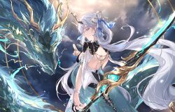 Rule 34 | 1girl, absurdres, back, backless outfit, cowboy shot, dragon, dragon horns, eastern dragon, from behind, grey eyes, hair rings, highres, holding, holding sword, holding weapon, horns, jinhsi (wuthering waves), long hair, looking at viewer, looking back, solo, sword, tacet mark (wuthering waves), vardan, very long hair, weapon, white hair, wuthering waves