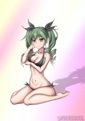 Rule 34 | 10s, 1girl, anchovy (girls und panzer), bikini, blush, breasts, drill hair, girls und panzer, green hair, groin, large breasts, navel, proudsoul, red eyes, ribbon, smile, solo, swimsuit, twintails
