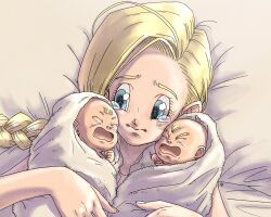 Rule 34 | 1boy, 2girls, baby, bed sheet, bianca (dq5), blonde hair, blue eyes, braid, brother and sister, closed eyes, closed mouth, commentary request, crying, dragon quest, dragon quest v, hair behind ear, hero&#039;s daughter (dq5), hero&#039;s son (dq5), highres, holding baby, long hair, looking at another, lying, mother&#039;s day, mother and daughter, mother and son, multiple girls, on back, open mouth, pillow, siblings, single braid, swaddled, tears, twins, upper body, yuto sakurai