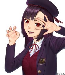 Rule 34 | 1girl, absurdres, banmin chan, beret, black eyeliner, black hair, black hat, black jacket, blunt bangs, bow, claw pose, collared shirt, eyelashes, eyeliner, fang, hat, highres, jacket, jewelry, long hair, long sleeves, looking at viewer, makeup, multiple rings, open clothes, open jacket, original, red bow, red eyes, red sweater, ring, shirt, sidelocks, simple background, smile, solo, sweater, tomiiate, white background