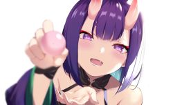 Rule 34 | 1girl, bare shoulders, blurry, blurry foreground, blush, bob cut, candy, fate/grand order, fate (series), food, highres, holding, holding food, horns, lollipop, looking at viewer, open mouth, pov, purple eyes, purple hair, shuten douji (fate), simple background, skin-covered horns, smile, solo, spider apple, upper body, white background