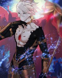 Rule 34 | 1boy, absurdres, bare pectorals, blue eyes, chest jewel, collar, collarbone, cow, earrings, eyeshadow, fate/apocrypha, fate/grand order, fate (series), hair between eyes, highres, holding, holding polearm, holding weapon, jewelry, karna (fate), looking at viewer, makeup, male focus, necklace, pale skin, pectorals, polearm, red eyeshadow, short hair, solo, spiked collar, spikes, thriller romero, vasavi shakti (fate), weapon, white hair