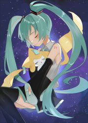 Rule 34 | 1girl, arm tattoo, black footwear, blush, boots, closed eyes, closed mouth, collared shirt, commentary, creatures (company), crossover, detached sleeves, eyelashes, from side, game freak, gen 3 pokemon, green hair, grey shirt, hatsune miku, highres, jirachi, legendary pokemon, long hair, mythical pokemon, nintendo, pokemon, pokemon (creature), reirou (chokoonnpu), shirt, sleeveless, sleeveless shirt, smile, space, star (sky), symbol-only commentary, tattoo, thigh boots, thighhighs, twintails, vocaloid