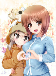 Rule 34 | 10s, 2girls, :d, animal costume, bandages, bandaid, bear costume, blush, boko (girls und panzer), breasts, brown eyes, brown hair, cast, covered erect nipples, floral background, girls und panzer, grey eyes, heart, heart hands, heart hands duo, light brown hair, long hair, long sleeves, looking at viewer, medium breasts, multiple girls, nishizumi miho, onesie, open mouth, pajamas, pants, shiina excel, shimada arisu, shirt, short hair, side-by-side, silver hair, small breasts, smile, sparkle, standing, stuffed animal, stuffed toy, symmetrical hand pose, teddy bear, upper body