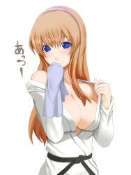 Rule 34 | 1girl, blue eyes, breasts, brown hair, cleavage, dead or alive, dougi, hitomi (doa), large breasts, long hair, no bra, sash, solo, tecmo, undressing