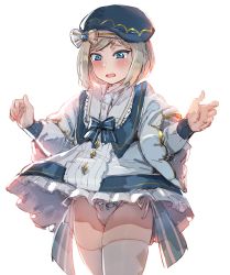 Rule 34 | 1boy, beret, blonde hair, blue eyes, blue hat, blush, bow (bhp), bulge, copyright request, cowboy shot, d:, dress, embarrassed, hands up, hat, layered sleeves, long sleeves, medium hair, open mouth, panties, short over long sleeves, short sleeves, simple background, solo, thighhighs, trap, underwear, white background, white dress, white panties, white thighhighs, wide sleeves