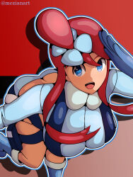 Rule 34 | 1girl, ass, blue eyes, boots, breasts, butt crack, creatures (company), from above, game freak, gloves, highres, large breasts, long hair, long sleeves, mezianart, nintendo, pokemon, pokemon bw, red hair, shorts, skyla (pokemon), solo, teeth, upper teeth only