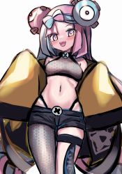 Rule 34 | 1girl, asymmetrical legwear, bare shoulders, belt buckle, bike shorts, black shorts, blue hair, blush, bow-shaped hair, breasts, buckle, character hair ornament, creatures (company), dot nose, game freak, gen 1 pokemon, grey shirt, hair ornament, hexagon print, highleg, highres, iono (pokemon), jacket, jacket partially removed, light blue hair, long sleeves, looking at viewer, magnemite, maritikaand, midriff, mismatched legwear, multicolored hair, navel, nintendo, open mouth, oversized clothes, pink eyes, pink hair, pokemon, pokemon sv, sharp teeth, shirt, shorts, simple background, sleeveless, sleeveless shirt, sleeves past fingers, sleeves past wrists, smile, solo, split-color hair, stomach, teeth, thigh strap, thighs, two-tone hair, very long sleeves, white background, x, yellow jacket