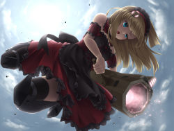 Rule 34 | 1girl, bare shoulders, black thighhighs, blue eyes, blunt bangs, boots, brown hair, day, dress, dutch angle, frilled dress, frills, full body, glowing, glowing eyes, gothic lolita, gun, hairband, lolita fashion, long hair, mecha musume, open mouth, original, ribbon, sasaame, sky, solo, thigh boots, thighhighs, uneven eyes, weapon