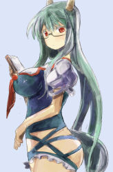 Rule 34 | 1girl, adapted costume, book, breasts, ex-keine, from side, glasses, green hair, grey background, horns, kamishirasawa keine, large breasts, long hair, red eyes, simple background, tail, touhou, very long hair, yohane