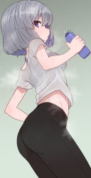 Rule 34 | 1girl, ass, blush, bottle, bra, bra visible through clothes, breasts, grey hair, highres, idoly pride, kanzaki rio, medium breasts, original, pants, purple eyes, see-through, see-through shirt, short hair, solo, sumiyao (amam), sweat, sweatdrop, nervous sweating, track pants, underwear, wet, wet clothes