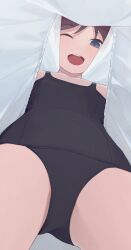 Rule 34 | 1girl, ;d, blue eyes, clothes lift, commentary request, highres, hiroki (yyqw7151), lifting own clothes, looking at viewer, one-piece swimsuit, one eye closed, open mouth, original, shirt lift, smile, solo, swimsuit, teeth, upper teeth only, upshirt