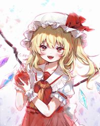 Rule 34 | 1girl, :d, apple, ascot, blonde hair, blouse, blush, collared shirt, commentary, crystal, fangs, flandre scarlet, food, frilled shirt collar, frills, fruit, hair between eyes, hands up, hat, hat ribbon, highres, holding, holding food, holding fruit, looking at viewer, medium hair, mob cap, open mouth, puffy short sleeves, puffy sleeves, red eyes, red ribbon, red skirt, red vest, ribbon, shirt, shito neko (zitonger), short sleeves, side ponytail, signature, skirt, skirt set, smile, solo, teeth, tongue, touhou, tsurime, upper body, upper teeth only, vest, white hat, white shirt, wings, wrist cuffs, yellow ascot