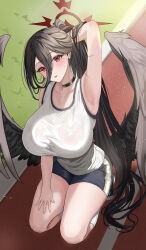 Rule 34 | 1girl, absurdres, armpits, artist request, black choker, black hair, black shorts, black wings, blue archive, blush, breasts, choker, halo, hasumi (blue archive), hasumi (track) (blue archive), highres, huge breasts, large breasts, long hair, looking at viewer, open mouth, red eyes, red halo, shirt, shorts, solo, sportswear, sweat, thighs, wet, white shirt, wings