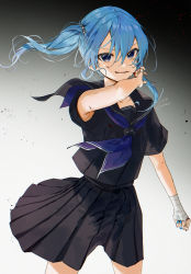 Rule 34 | 1girl, alternate costume, artist logo, bandaid, bandaid on hand, black serafuku, black shirt, black skirt, blood, blood on face, blue eyes, blue hair, blue nails, blue neckwear, clenched hand, commentary request, cowboy shot, dirty, dirty face, flat chest, floating hair, gotou (nekocat), gradient background, grey background, hair between eyes, hand up, highres, hololive, hoshimachi suisei, injury, light blue hair, looking at viewer, medium hair, miniskirt, nail polish, open mouth, pleated skirt, sailor collar, school uniform, serafuku, shirt, short sleeves, side ponytail, signature, simple background, skirt, solo, star (symbol), star in eye, symbol in eye, virtual youtuber, wind, wiping face, wrist wrap