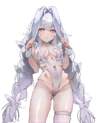 Rule 34 | 1girl, azur lane, blue eyes, blush, braid, breasts, female focus, highres, le malin (azur lane), leotard, long hair, looking at viewer, pantyhose, simple background, small breasts, solo, standing, twin braids, very long hair, white background, white hair, white leotard, white pantyhose, zzzearly