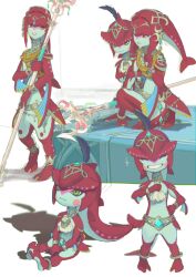 Rule 34 | 1girl, aged down, blush stickers, brother and sister, colored skin, fins, fish boy, fish girl, hair ornament, highres, holding, holding polearm, holding weapon, ivy (sena0119), jewelry, long hair, looking at viewer, mipha, monster girl, multicolored skin, nintendo, no eyebrows, pointy ears, polearm, red hair, red skin, siblings, sidon, sitting, smile, the legend of zelda, the legend of zelda: breath of the wild, weapon, zora